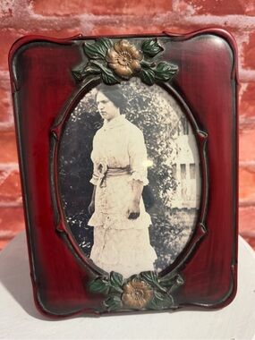 Vintage Burgundy Oval Picture Frame with Portrait Photograph  Woman Early 1900s